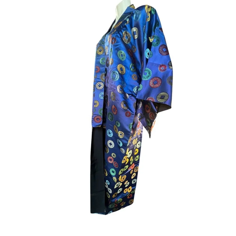 Kimono Royal Blue Satin With Multicolor Brocade Motifs Women’s Size 16 18New - Picture 4 of 12